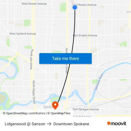 Lidgerwood @ Sanson to Downtown Spokane map