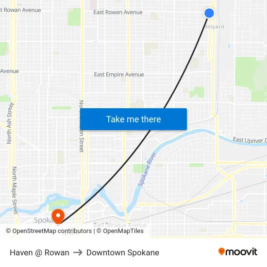 Haven @ Rowan to Downtown Spokane map