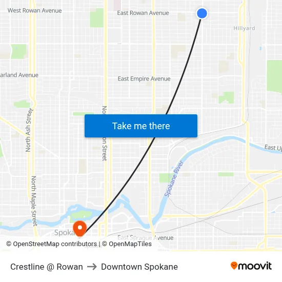 Crestline @ Rowan to Downtown Spokane map