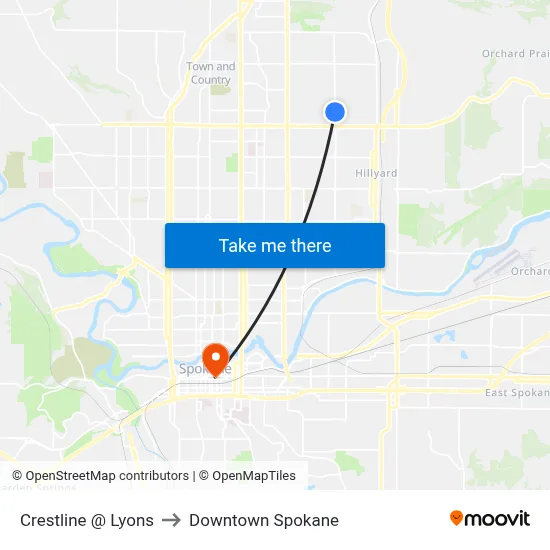 Crestline @ Lyons to Downtown Spokane map