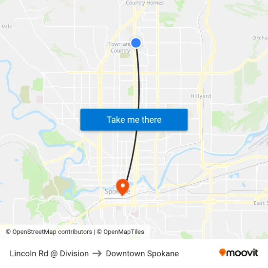 Lincoln Rd @ Division to Downtown Spokane map