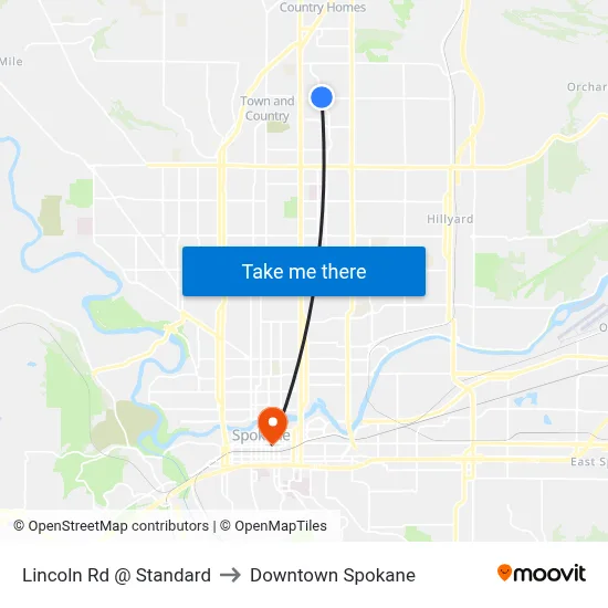 Lincoln Rd @ Standard to Downtown Spokane map