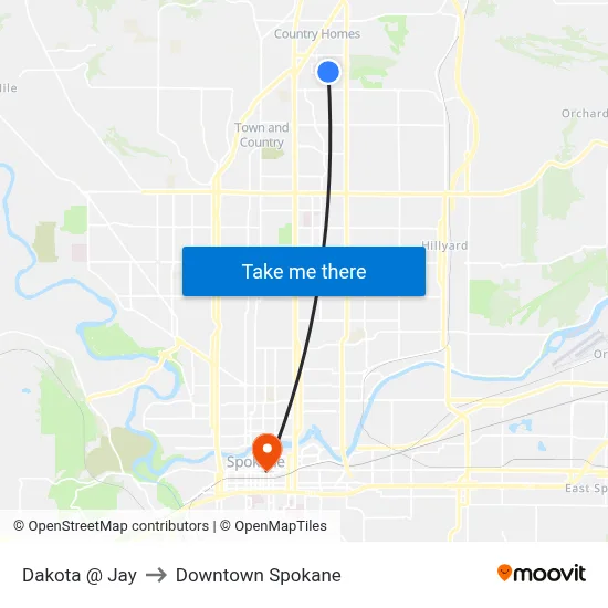 Dakota @ Jay to Downtown Spokane map