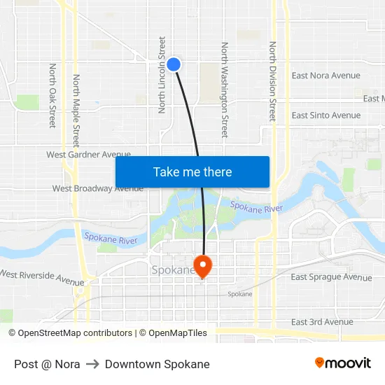 Post @ Nora to Downtown Spokane map