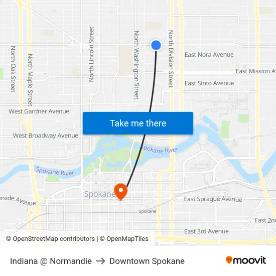 Indiana @ Normandie to Downtown Spokane map