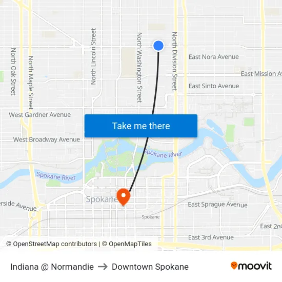 Indiana @ Normandie to Downtown Spokane map