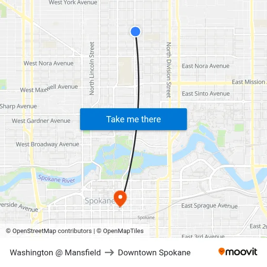 Washington @ Mansfield to Downtown Spokane map