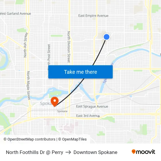 North Foothills Dr @ Perry to Downtown Spokane map