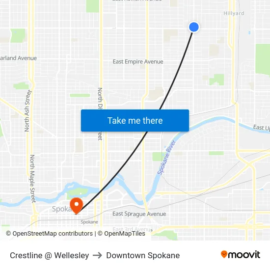 Crestline @ Wellesley to Downtown Spokane map