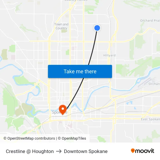 Crestline @ Houghton to Downtown Spokane map