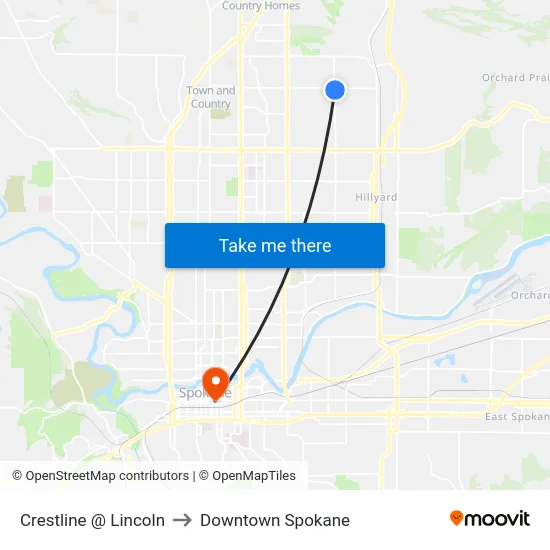Crestline @ Lincoln to Downtown Spokane map