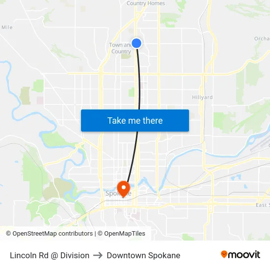 Lincoln Rd @ Division to Downtown Spokane map