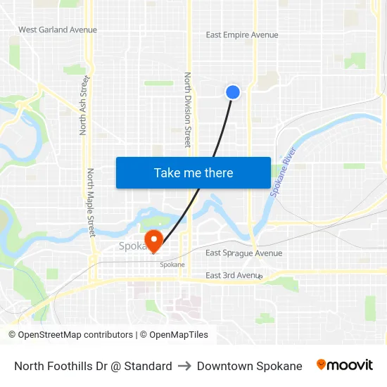 North Foothills Dr @ Standard to Downtown Spokane map