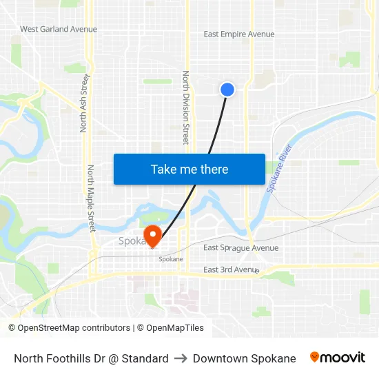 North Foothills Dr @ Standard to Downtown Spokane map