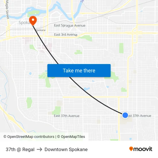 37th @ Regal to Downtown Spokane map