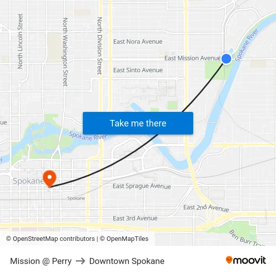 Mission @ Perry to Downtown Spokane map