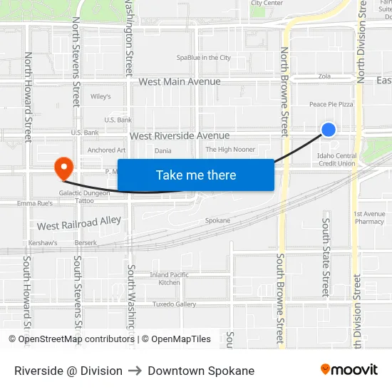 Riverside @ Division to Downtown Spokane map
