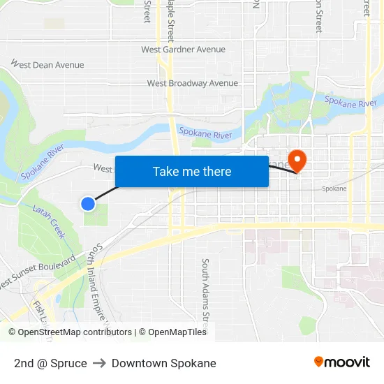 2nd @ Spruce to Downtown Spokane map