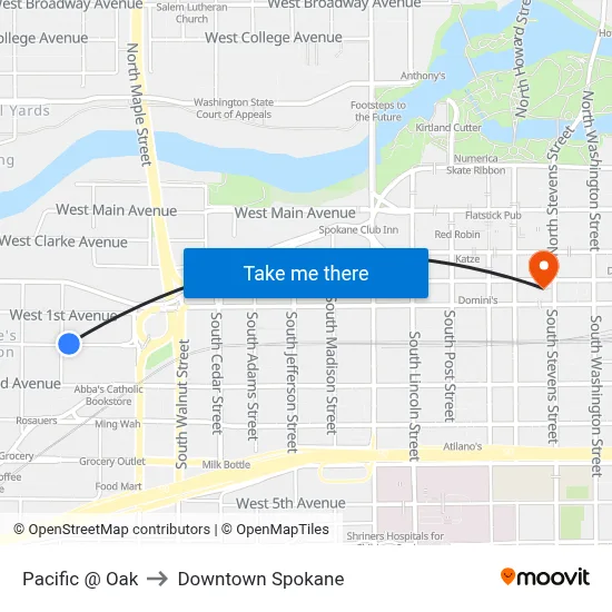 Pacific @ Oak to Downtown Spokane map