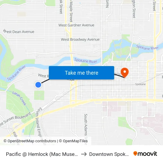 Pacific @ Hemlock (Mac Museum) to Downtown Spokane map