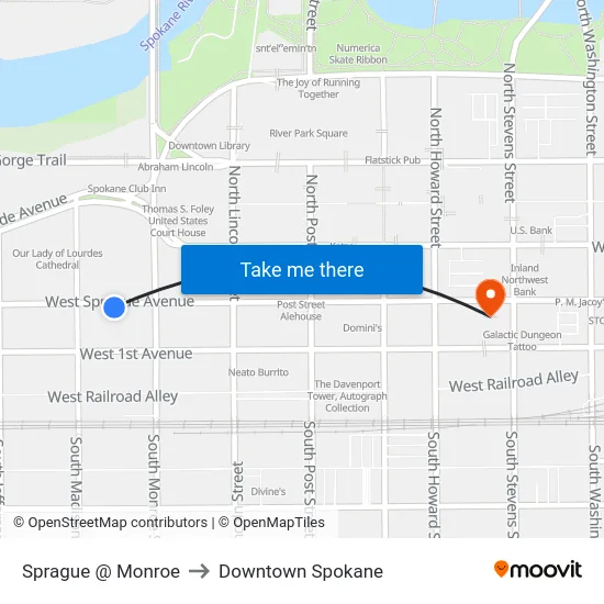 Sprague @ Monroe to Downtown Spokane map