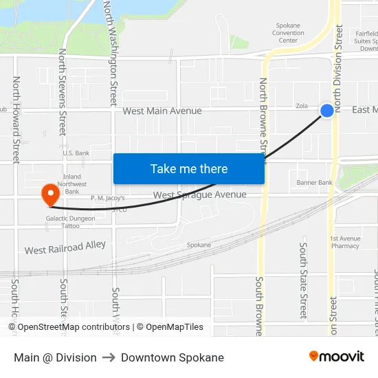 Main @ Division to Downtown Spokane map