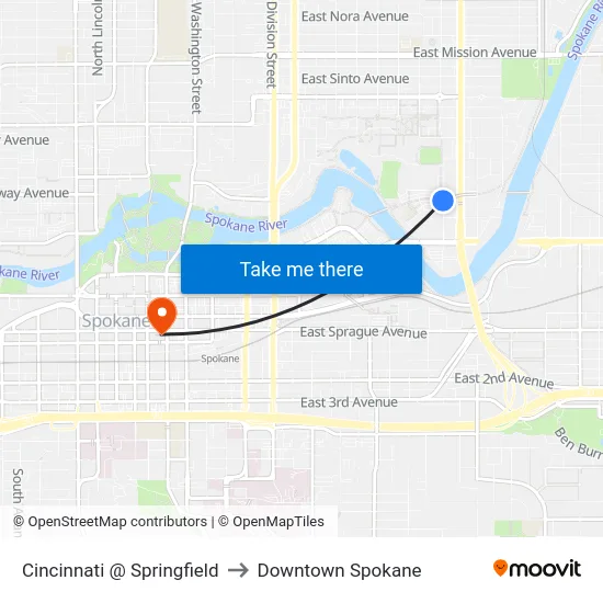 Cincinnati @ Springfield to Downtown Spokane map