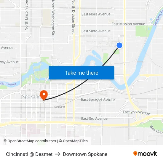Cincinnati @ Desmet to Downtown Spokane map