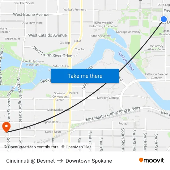 Cincinnati @ Desmet to Downtown Spokane map