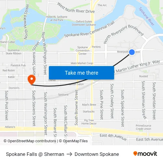 Spokane Falls @ Sherman to Downtown Spokane map