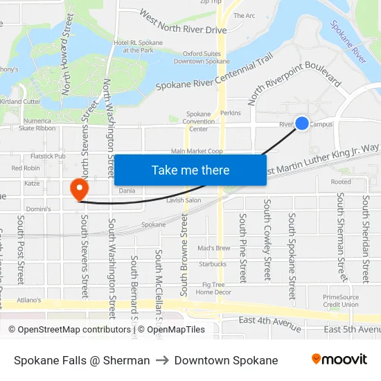Spokane Falls @ Sherman to Downtown Spokane map