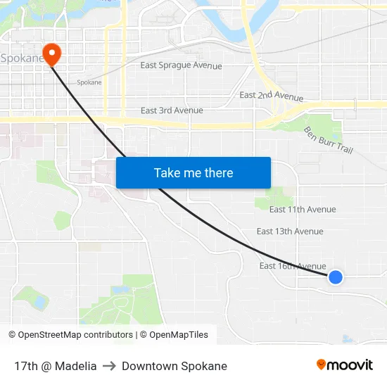 17th @ Madelia to Downtown Spokane map