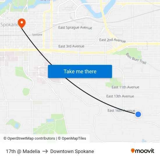 17th @ Madelia to Downtown Spokane map