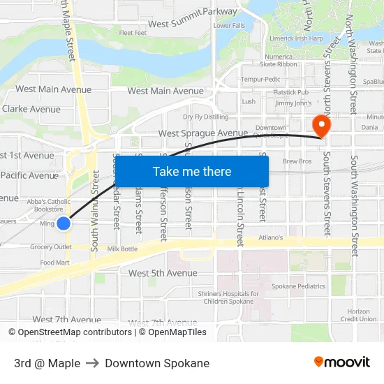 3rd @ Maple to Downtown Spokane map