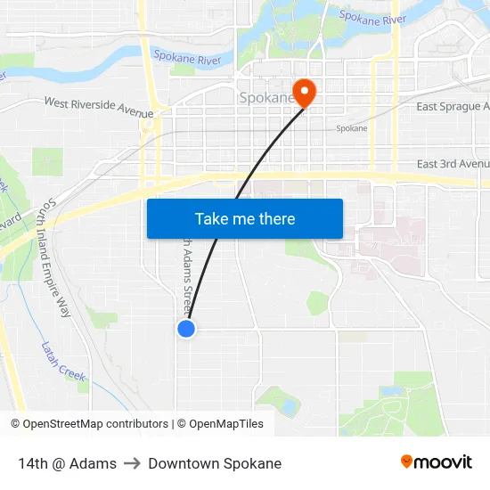 14th @ Adams to Downtown Spokane map