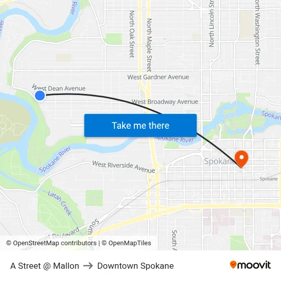 A Street @ Mallon to Downtown Spokane map