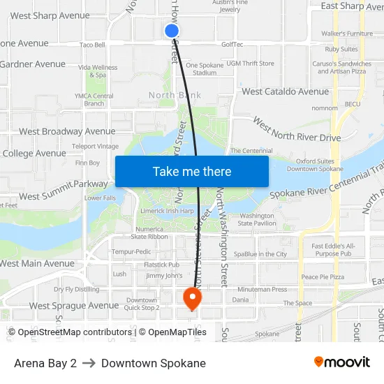 Arena Bay 2 to Downtown Spokane map