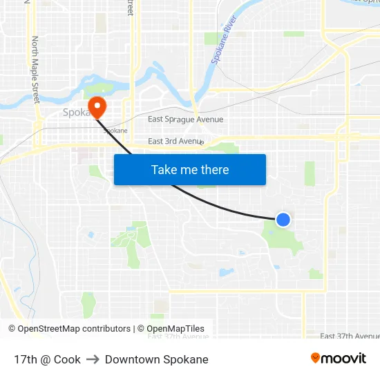 17th @ Cook to Downtown Spokane map