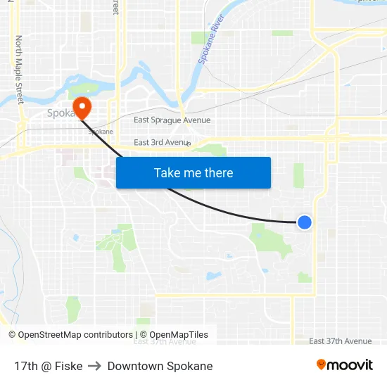 17th @ Fiske to Downtown Spokane map