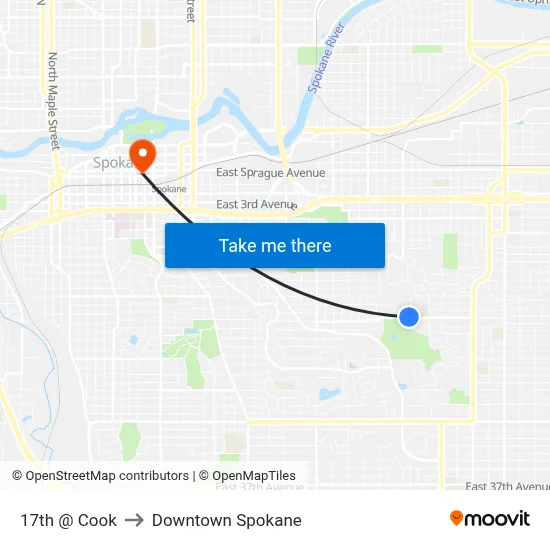 17th @ Cook to Downtown Spokane map