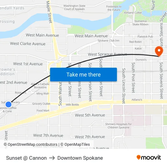 Sunset @ Cannon to Downtown Spokane map
