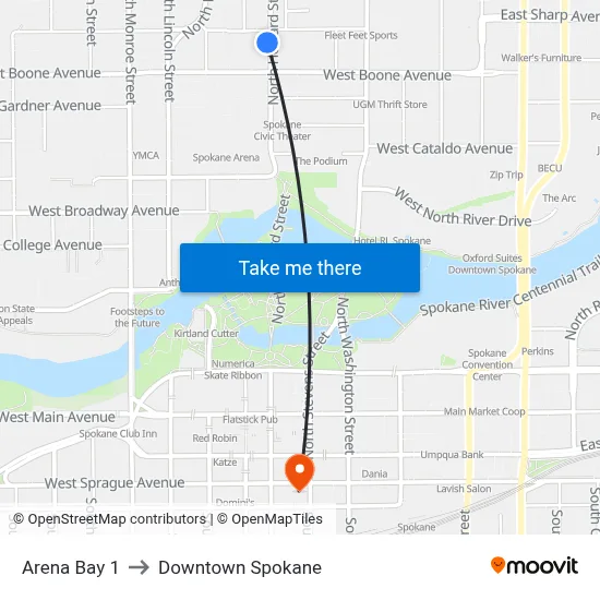 Arena Bay 1 to Downtown Spokane map