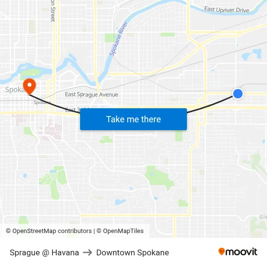 Sprague @ Havana to Downtown Spokane map