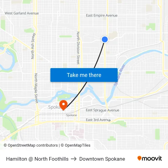Hamilton @ North Foothills to Downtown Spokane map