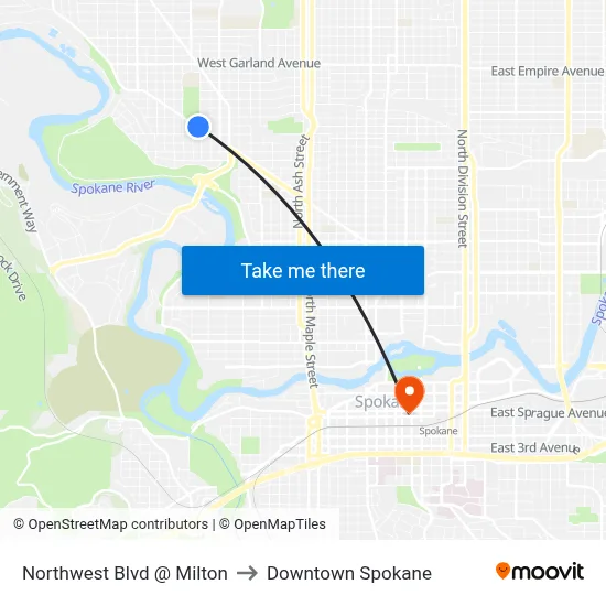 Northwest Blvd @ Milton to Downtown Spokane map
