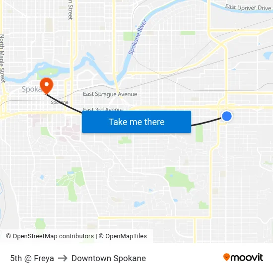 5th @ Freya to Downtown Spokane map