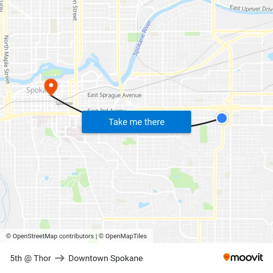 5th @ Thor to Downtown Spokane map