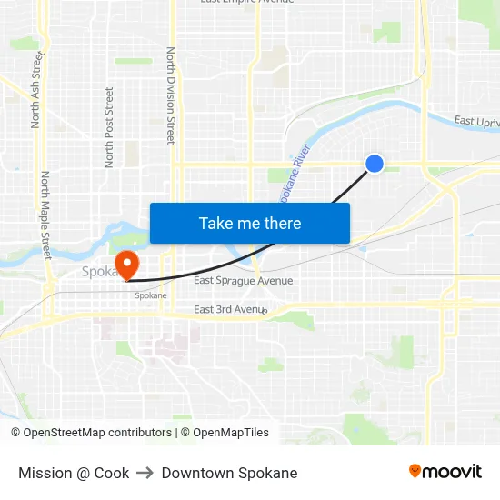 Mission @ Cook to Downtown Spokane map