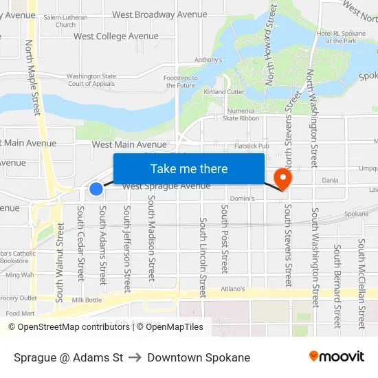 Sprague @ Adams St to Downtown Spokane map