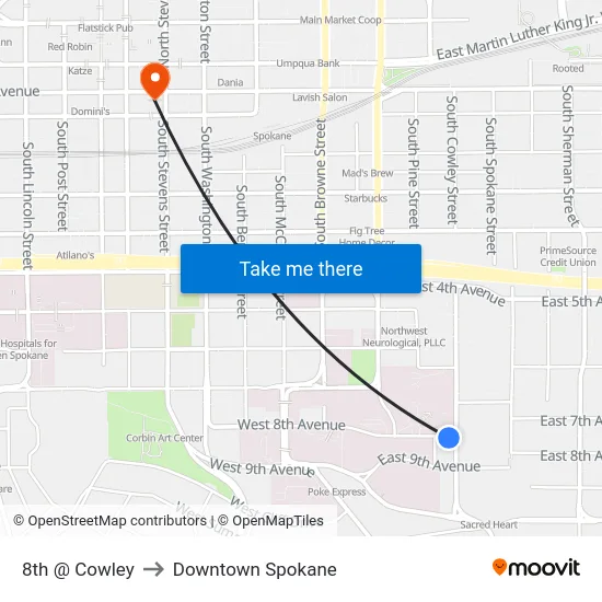 8th @ Cowley to Downtown Spokane map